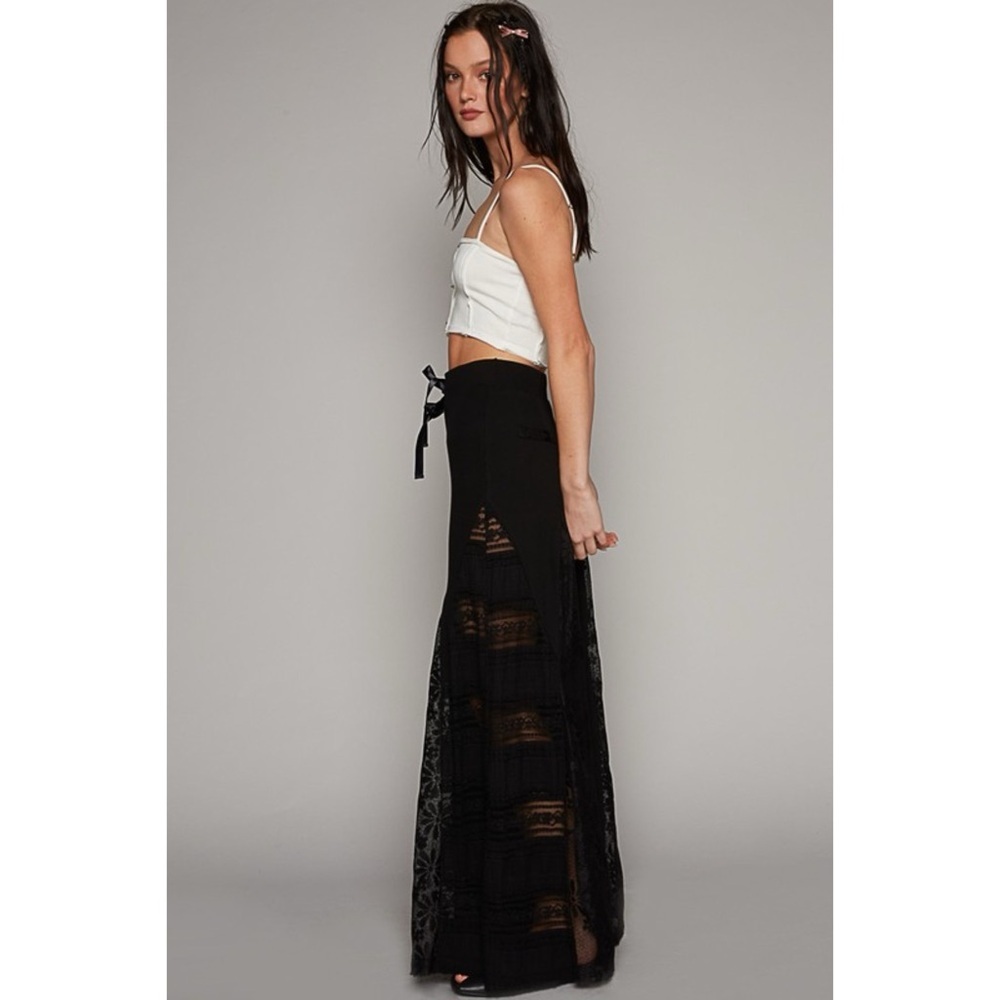 POL Black Rib Knit Lace Panel Flare Pants | Patchwork Wide Leg Pull On - Picture 4 of 13